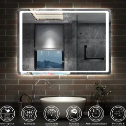 AICA Sanitaire Miroir de salle de bain à LED, dimmable et mémoire, 100x70cm miroir lumineux anti-buée,