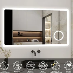AICA Sanitaire Miroir de salle de bain anti-buée avec horloge, blanc froid chaud neutre tactile mural miroir 120x70cm,* Miroir Grossissant Lumineux