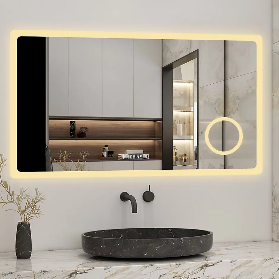 AICA Sanitaire Miroir de salle de bain anti-buée avec horloge, blanc froid chaud neutre tactile mural miroir 120x70cm,* Miroir Grossissant Lumineux