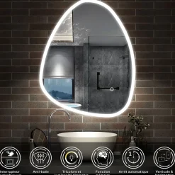AICA Sanitaire Miroir de salle de bain asymétrique 100x80cm led Teardrop Mirror 3 Colours Dimmable + Anti-buée + Mémoire,* Miroir Lumineux