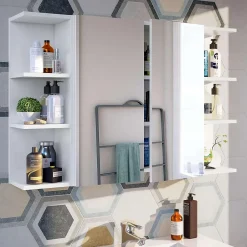 Pegane Miroir de salle de bain avec rangements 2 portes en blanc brillant, 65 x 60 x 21 cm* Armoire De Salle De Bains