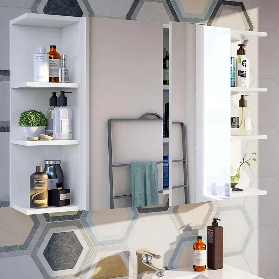 Pegane Miroir de salle de bain avec rangements 2 portes en blanc brillant, 65 x 60 x 21 cm* Armoire De Salle De Bains
