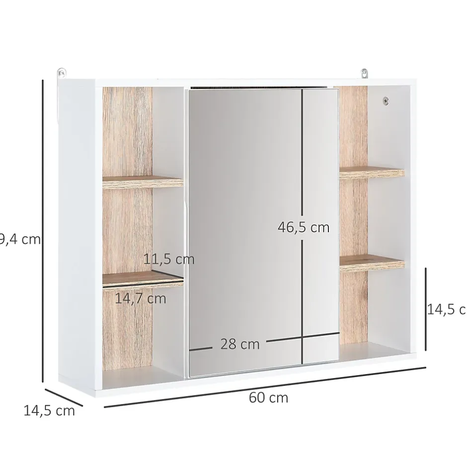 Homcom Miroir de salle de bain avec placard 2 étagères 6 niches latérales blanc effet chêne clair