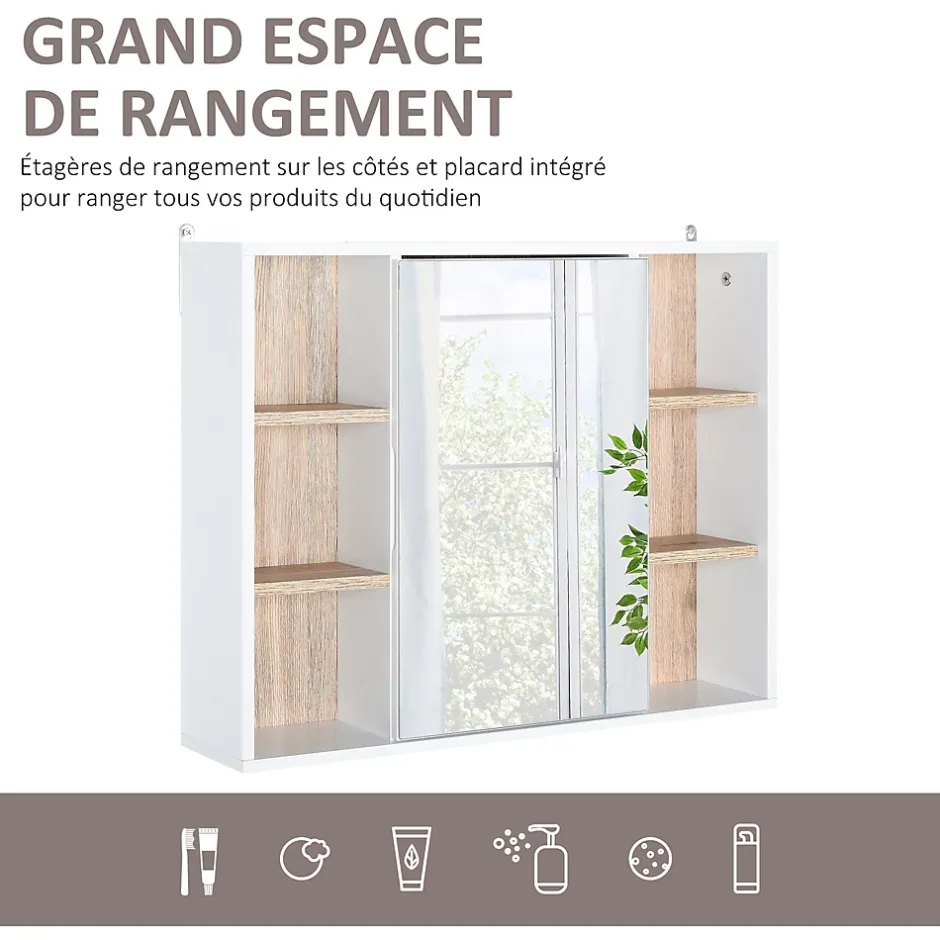 Homcom Miroir de salle de bain avec placard 2 étagères 6 niches latérales blanc effet chêne clair