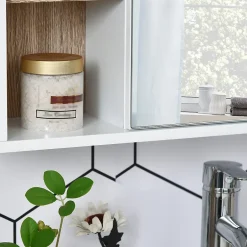Homcom Miroir de salle de bain avec placard 2 étagères 6 niches latérales blanc effet chêne clair