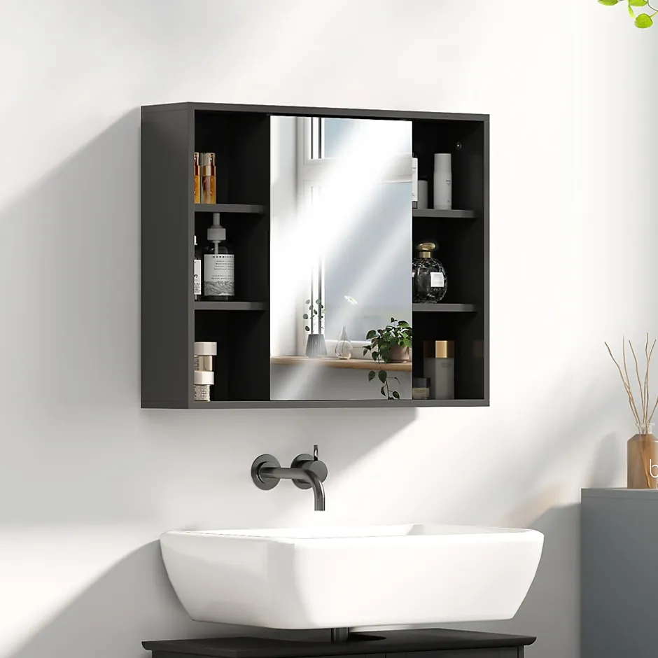 Homcom Miroir de salle de bain avec placard 2 étagères 6 niches latérales noir effet chêne clair