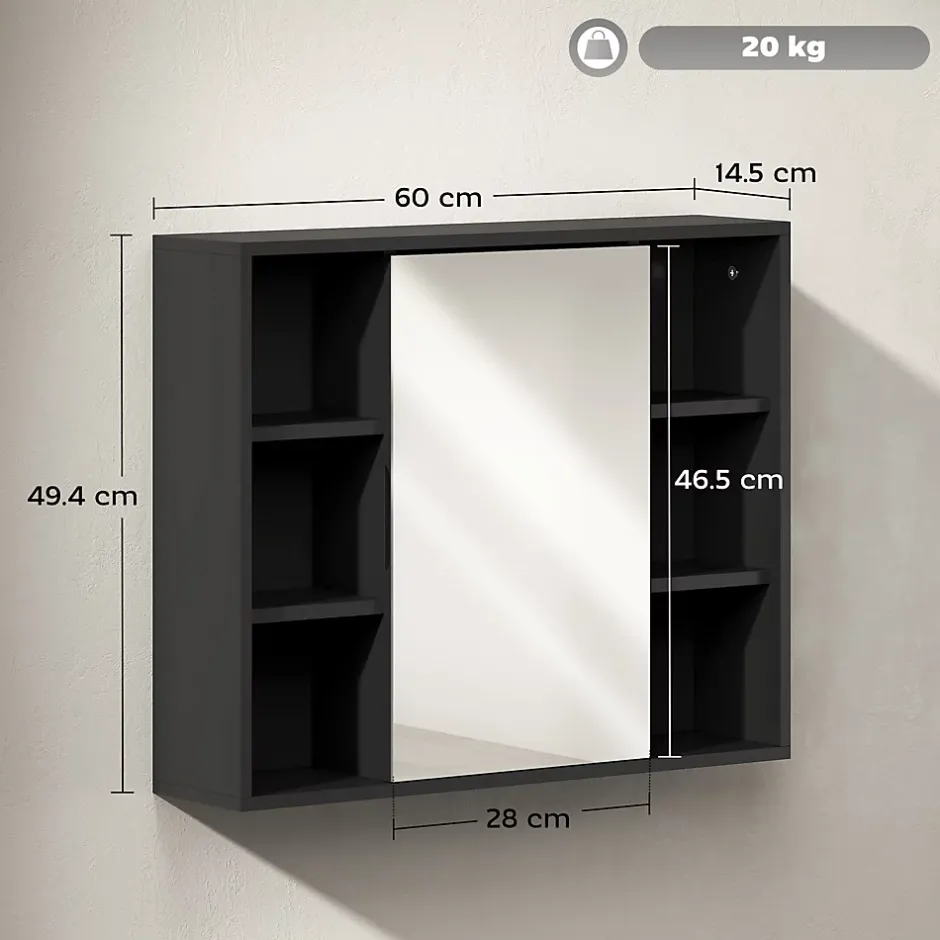 Homcom Miroir de salle de bain avec placard 2 étagères 6 niches latérales noir effet chêne clair