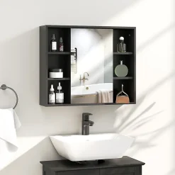 Homcom Miroir de salle de bain avec placard 2 étagères 6 niches latérales noir effet chêne clair