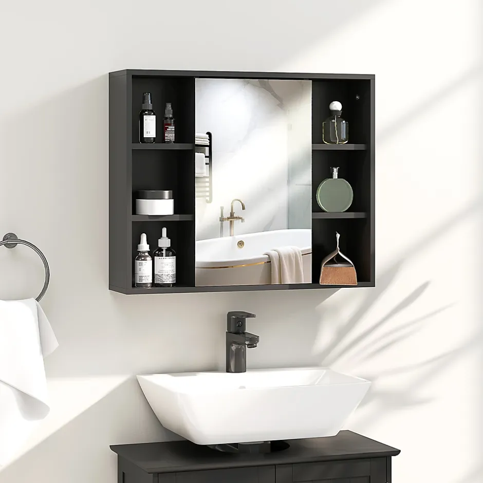Homcom Miroir de salle de bain avec placard 2 étagères 6 niches latérales noir effet chêne clair