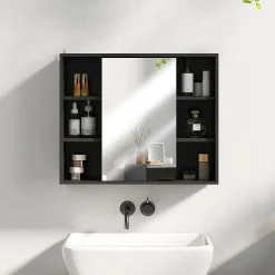 Homcom Miroir de salle de bain avec placard 2 étagères 6 niches latérales noir effet chêne clair