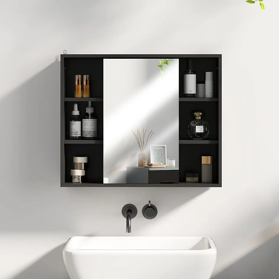 Homcom Miroir de salle de bain avec placard 2 étagères 6 niches latérales noir effet chêne clair