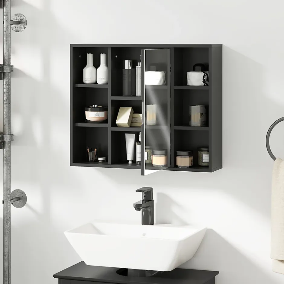 Homcom Miroir de salle de bain avec placard 2 étagères 6 niches latérales noir effet chêne clair
