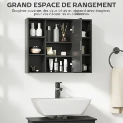 Homcom Miroir de salle de bain avec placard 2 étagères 6 niches latérales noir effet chêne clair