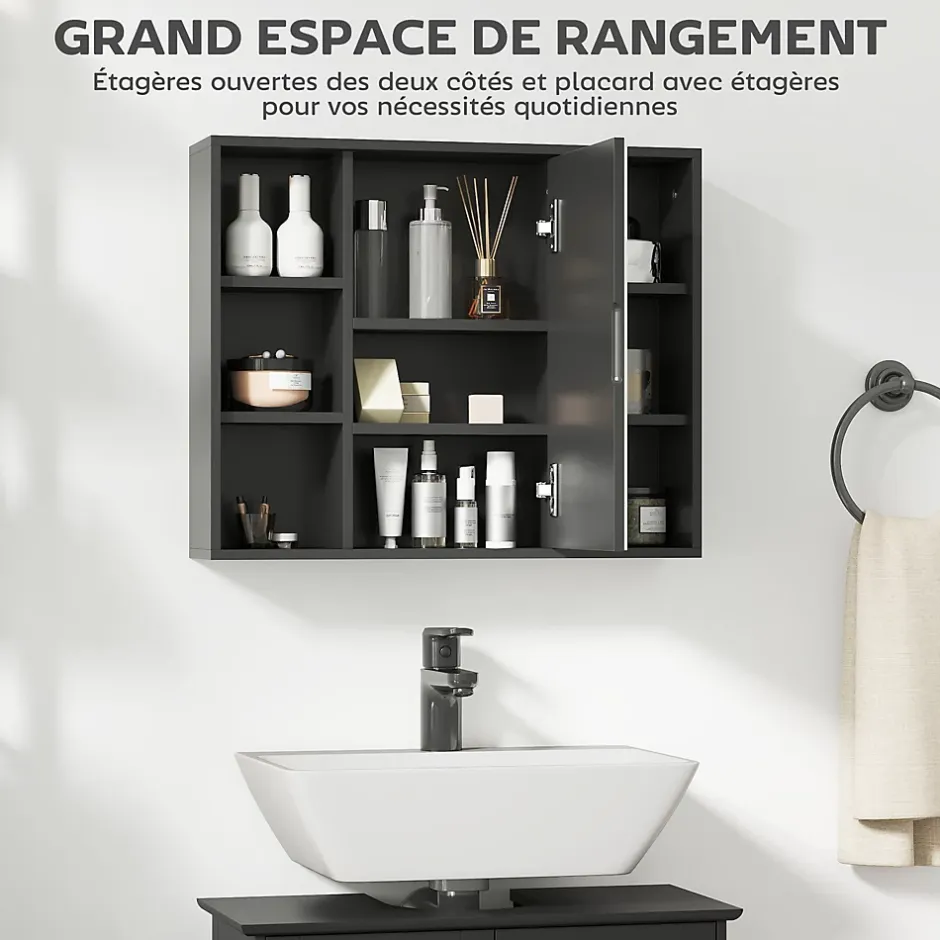 Homcom Miroir de salle de bain avec placard 2 étagères 6 niches latérales noir effet chêne clair