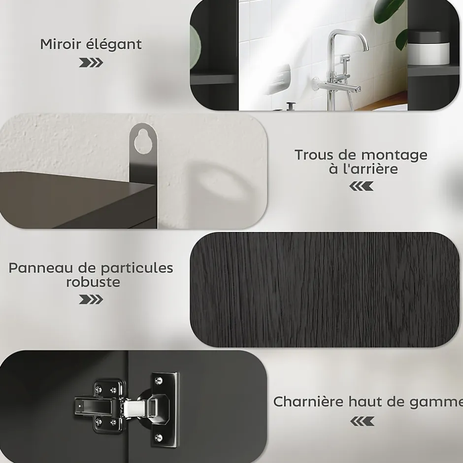 Homcom Miroir de salle de bain avec placard 2 étagères 6 niches latérales noir effet chêne clair