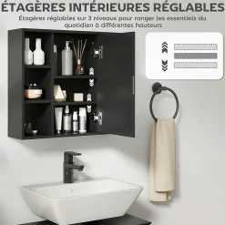 Homcom Miroir de salle de bain avec placard 2 étagères 6 niches latérales noir effet chêne clair