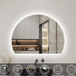 AICA Sanitaire Miroir de salle de bain asymétrique 100x80cm led Demi-cercle Mirror 3 Colours Dimmable + Anti-buée + Mémoire,