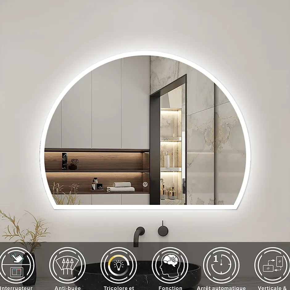 AICA Sanitaire Miroir de salle de bain asymétrique 100x80cm led Demi-cercle Mirror 3 Colours Dimmable + Anti-buée + Mémoire,