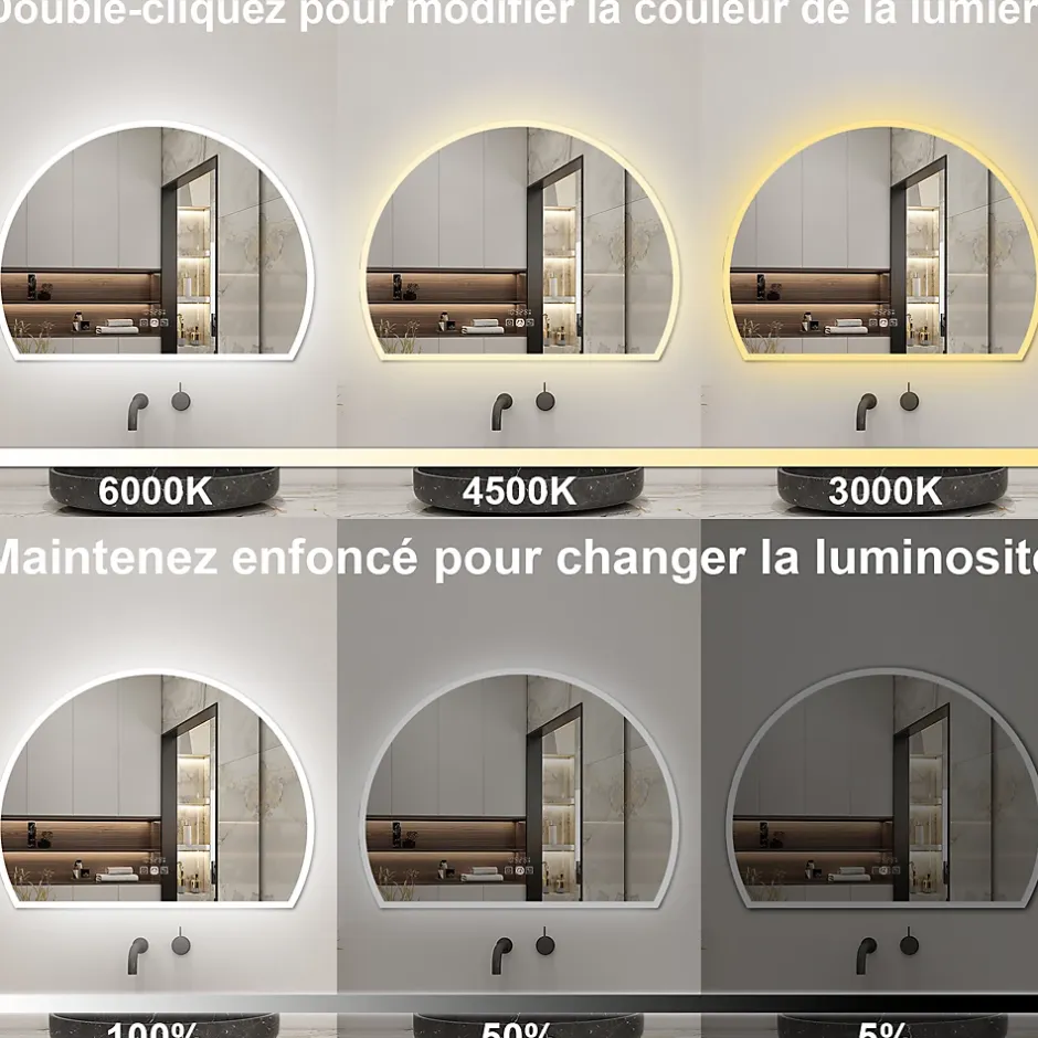 AICA Sanitaire Miroir de salle de bain asymétrique 100x80cm led Demi-cercle Mirror 3 Colours Dimmable + Anti-buée + Mémoire,