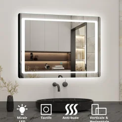 AICA Sanitaire Miroir de salle de bain avec éclairage intégré, L.90 x H.65cm Miroir lumineux anti buée,