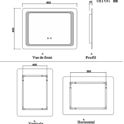 AICA Sanitaire Miroir de salle de bain avec éclairage intégré, L.90 x H.65cm Miroir lumineux anti buée,