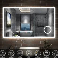 AICA Sanitaire Miroir de salle de bain anti-buée avec horloge, blanc froid chaud neutre tactile mural miroir 120x70cm,* Miroir Lumineux
