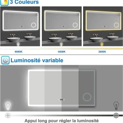 AICA Sanitaire Miroir de salle de bain anti-buée avec horloge, blanc froid chaud neutre tactile mural miroir 120x70cm,* Miroir Lumineux