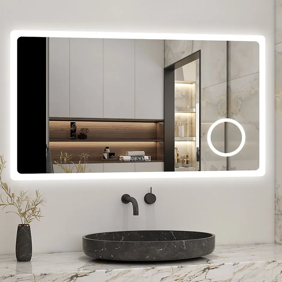 AICA Sanitaire Miroir de salle de bain anti-buée avec horloge, blanc froid chaud neutre tactile mural miroir 160x80cm,