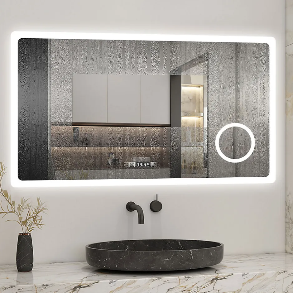 AICA Sanitaire Miroir de salle de bain anti-buée avec horloge, blanc froid chaud neutre tactile mural miroir 160x80cm,