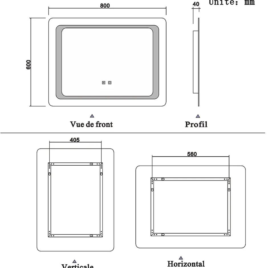 AICA Sanitaire Miroir de salle de bain avec éclairage intégré, L.120 x H.70 cm Miroir lumineux anti buée,* Miroir Lumineux