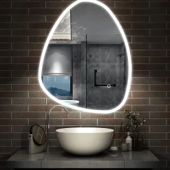AICA Sanitaire Miroir de salle de bain asymétrique 80x65cm led Teardrop Mirror 3 Colours Dimmable + Anti-buée + Mémoire,* Miroir Lumineux