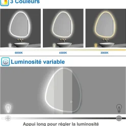 AICA Sanitaire Miroir de salle de bain asymétrique 80x65cm led Teardrop Mirror 3 Colours Dimmable + Anti-buée + Mémoire,* Miroir Lumineux