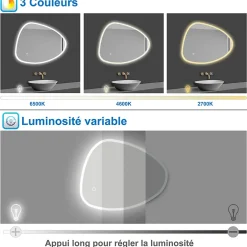 AICA Sanitaire Miroir de salle de bain asymétrique 100x80cm led Teardrop Mirror 3 Colours Dimmable + Anti-buée + Mémoire,* Miroir Lumineux