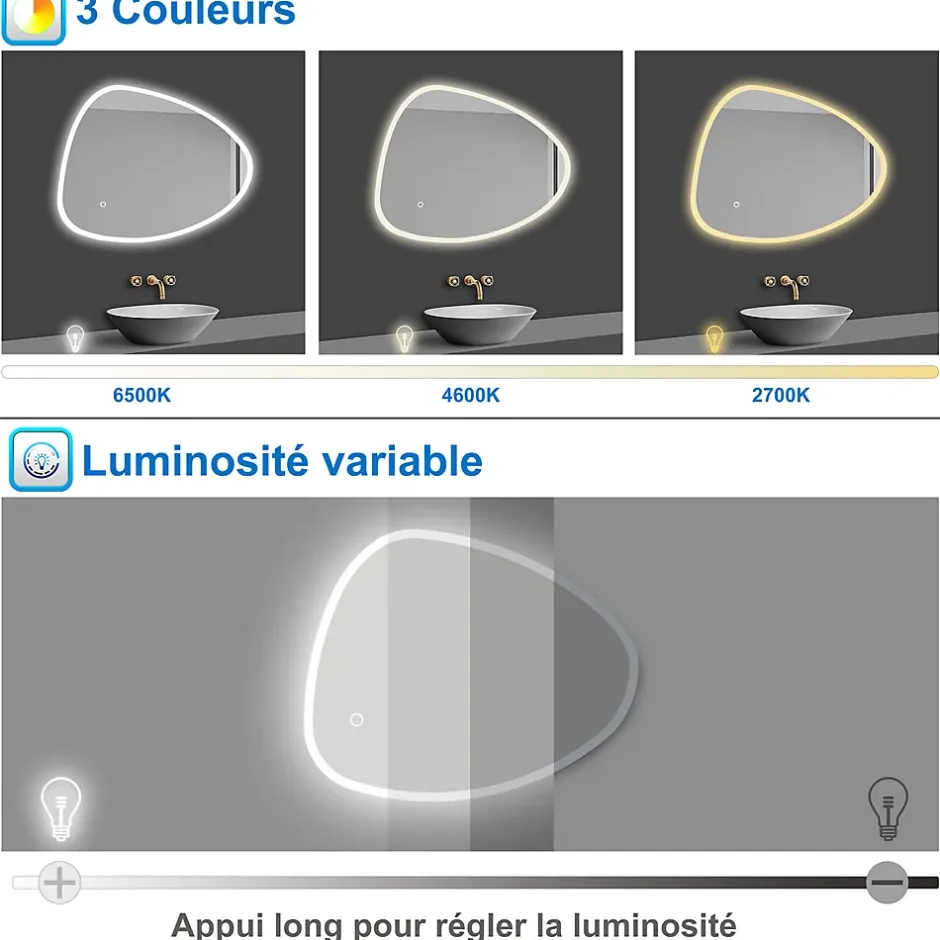 AICA Sanitaire Miroir de salle de bain asymétrique 100x80cm led Teardrop Mirror 3 Colours Dimmable + Anti-buée + Mémoire,* Miroir Lumineux