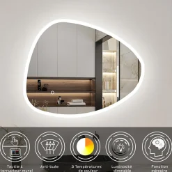 AICA Sanitaire Miroir de salle de bain asymétrique 80x65cm led Teardrop Mirror 3 Colours Dimmable + Anti-buée + Mémoire,* Miroir Lumineux