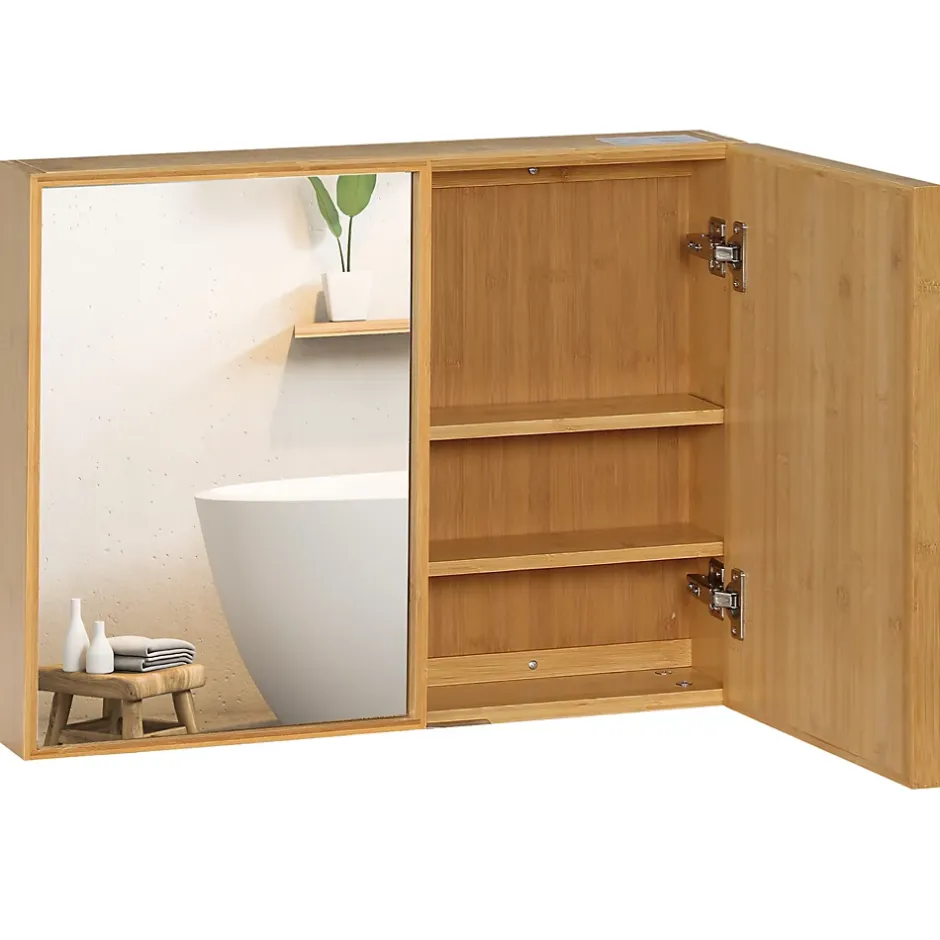 kleankin Miroir de salle de bain avec placard 2 portes - 2 étagères - bois de bambou verni* Armoire De Toilette