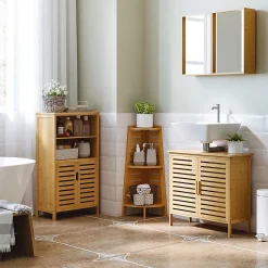 kleankin Miroir de salle de bain avec placard 2 portes - 2 étagères - bois de bambou verni* Armoire De Toilette