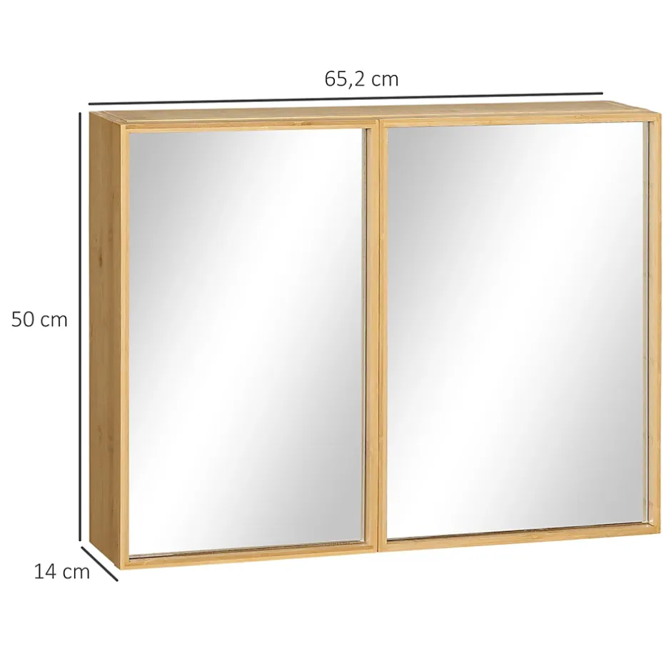 kleankin Miroir de salle de bain avec placard 2 portes - 2 étagères - bois de bambou verni* Armoire De Toilette