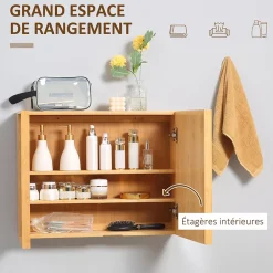 kleankin Miroir de salle de bain avec placard 2 portes - 2 étagères - bois de bambou verni* Armoire De Toilette