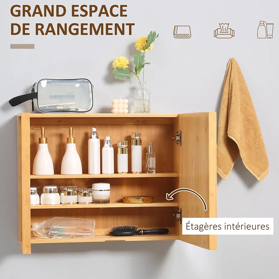 kleankin Miroir de salle de bain avec placard 2 portes - 2 étagères - bois de bambou verni* Armoire De Toilette