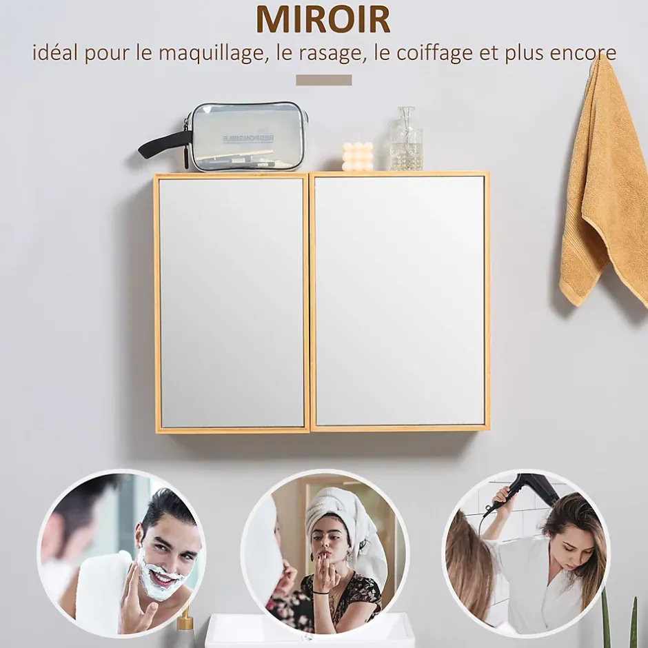 kleankin Miroir de salle de bain avec placard 2 portes - 2 étagères - bois de bambou verni* Armoire De Toilette