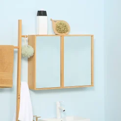 kleankin Miroir de salle de bain avec placard 2 portes - 2 étagères - bois de bambou verni* Armoire De Toilette