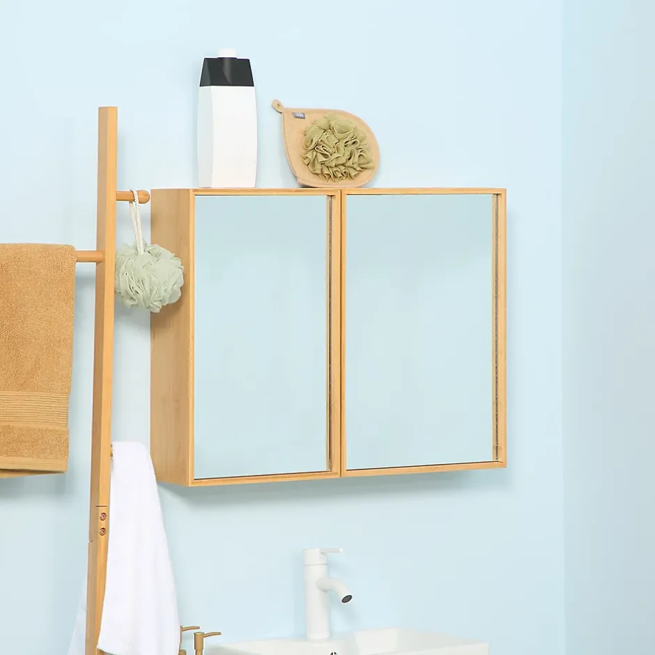 kleankin Miroir de salle de bain avec placard 2 portes - 2 étagères - bois de bambou verni* Armoire De Toilette