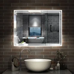 AICA Sanitaire Miroir de salle de bain Bluetooth 100x60 cm, tricolore + horloge + mémoire + dimmable + anti-buée, IP44 Miroir LED,* Miroir Lumineux