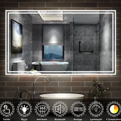AICA Sanitaire Miroir de salle de bain Bluetooth 160x80 cm, tricolore + horloge + mémoire + dimmable + anti-buée, IP44 Miroir LED,* Miroir Lumineux
