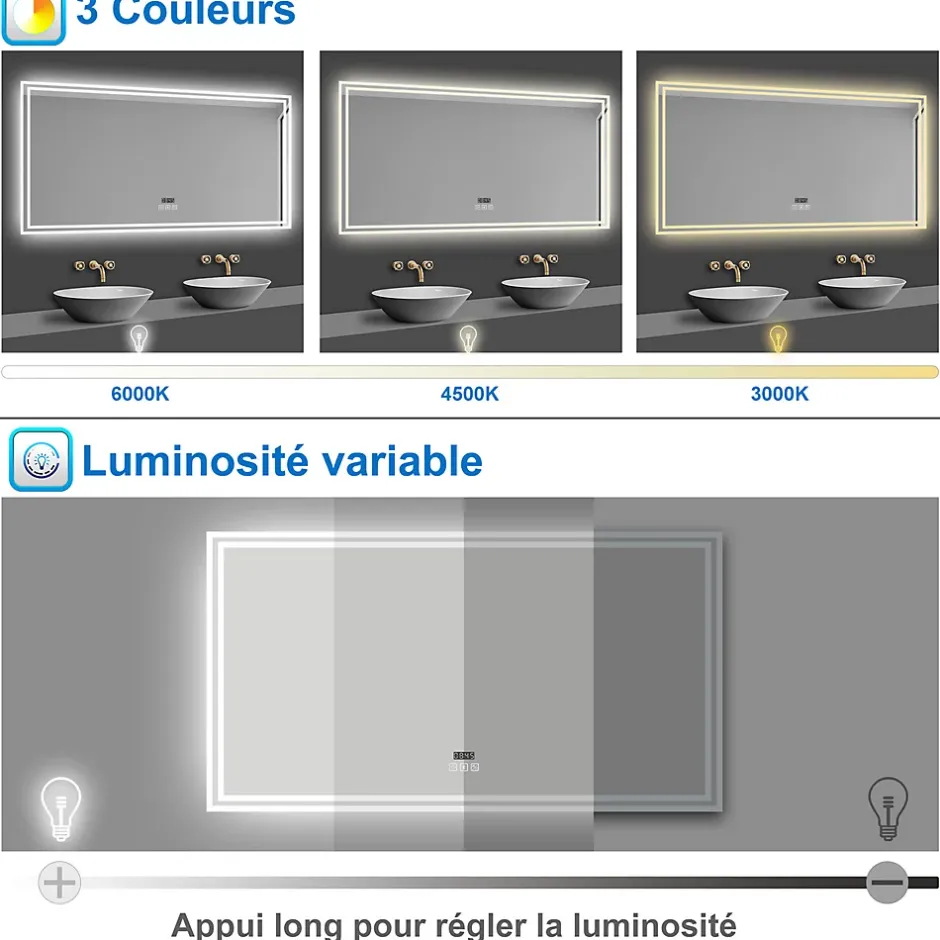 AICA Sanitaire Miroir de salle de bain Bluetooth 160x80 cm, tricolore + horloge + mémoire + dimmable + anti-buée, IP44 Miroir LED,* Miroir Lumineux