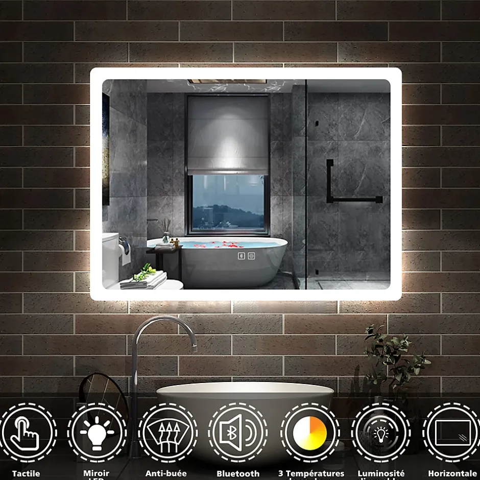 AICA Sanitaire Miroir de salle de bain Bluetooth LED 70x50cm avec tricolore + luminosité réglable + mémoire + anti-buée, IP44,