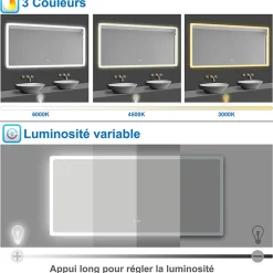 AICA Sanitaire Miroir de salle de bain Bluetooth LED 70x50cm avec tricolore + luminosité réglable + mémoire + anti-buée, IP44,