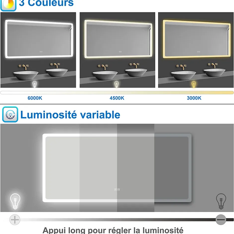 AICA Sanitaire Miroir de salle de bain Bluetooth LED 70x50cm avec tricolore + luminosité réglable + mémoire + anti-buée, IP44,
