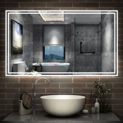AICA Sanitaire Miroir de salle de bain Bluetooth 120x70 cm, tricolore + horloge + mémoire + dimmable + anti-buée, IP44 Miroir LED,
